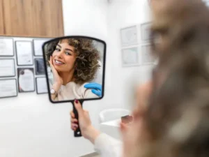 The woman was gazing at herself in a hand mirror