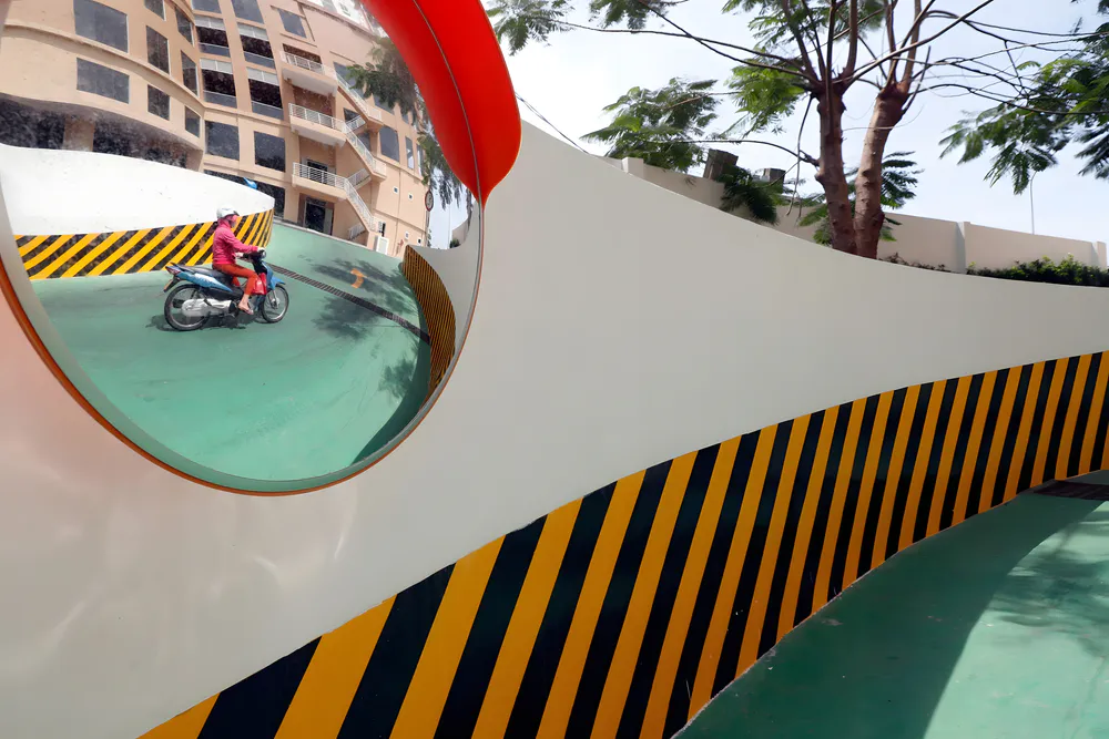 Convex mirror at the entrance of the residential building