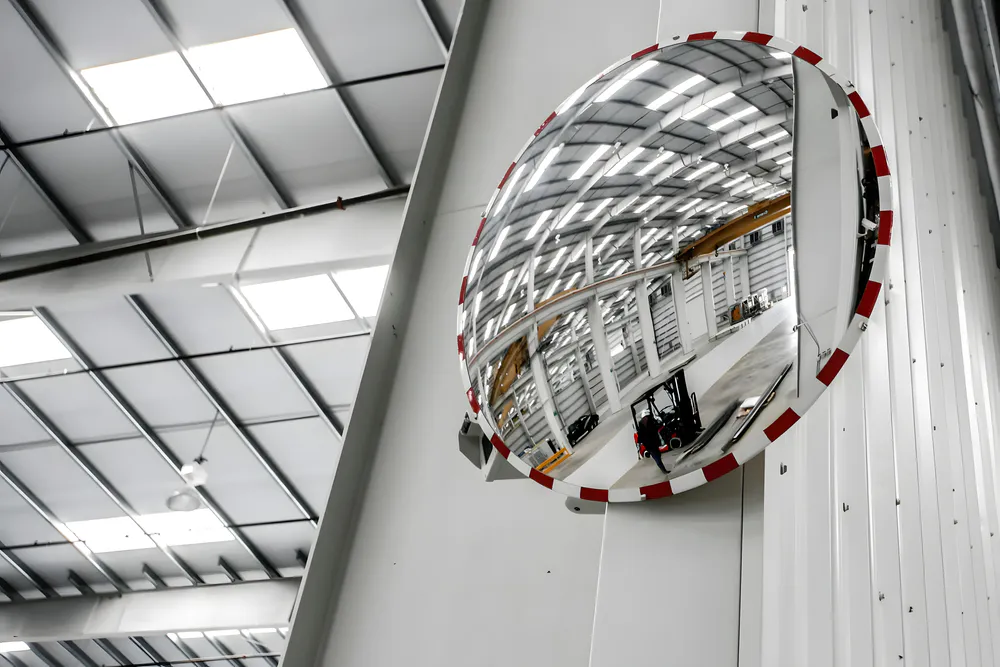 Convex mirrors inside the factory workshop
