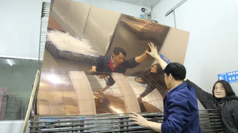 Workers are supporting a large golden mirror panel to see the effect