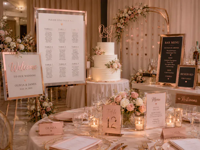 Rose gold acrylic mirror product series images designed for wedding events