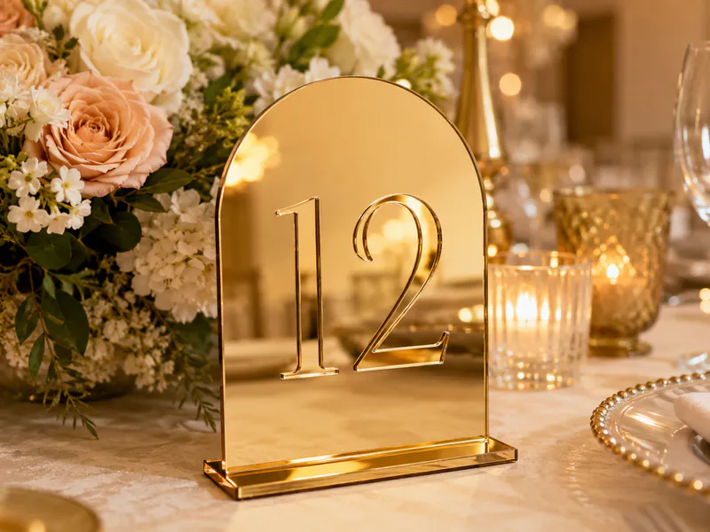 Table number sign made of gold acrylic mirror
