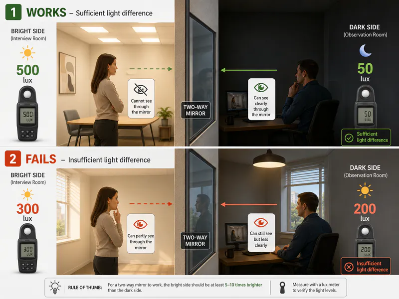 Comparison of Light and Dark Levels on Both Sides of a Two-Way Mirror