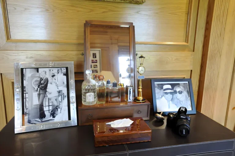 The small vanity mirror on the desk