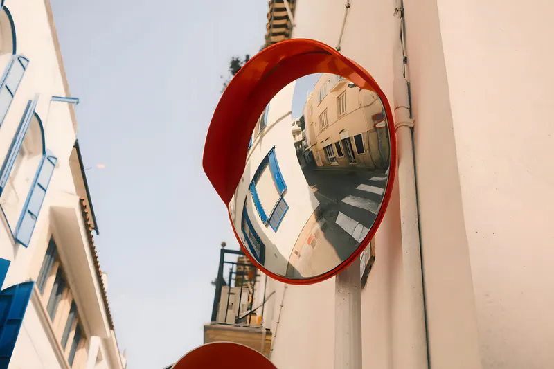 Outdoor convex mirror with support post
