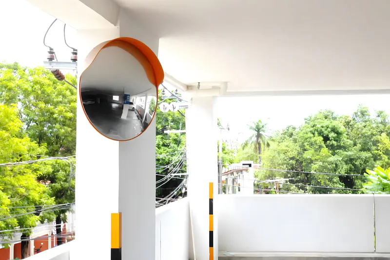 Acrylic convex mirror in the multi-level parking garage
